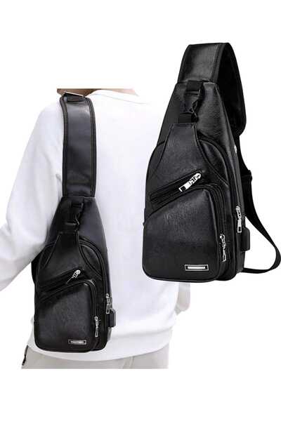 Fstyle Men's Hanging Bag, Leather Hanging Bag with USB Charging Port, Waterproof, Multi-Pocket