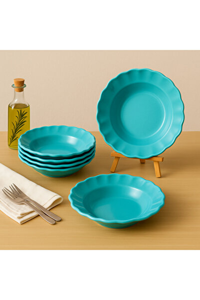 Joie Maison Azzurra by Joie Maison 24 cm 6’lı Dalgalı Desen Su Yeşili Seramik Yemek Tabağı Seti – Şık & Zarif