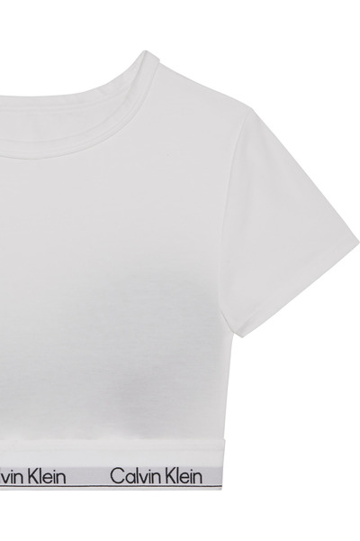 Calvin Klein Kadın Marka Logolu Beyaz Elastik Bantlı Beyaz T-Shirt LV00QF8495 100