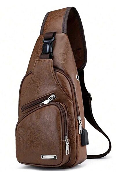 Fstyle Men's Hanging Bag, Leather Hanging Bag with USB Charging Port, Waterproof, Multi-Pocket