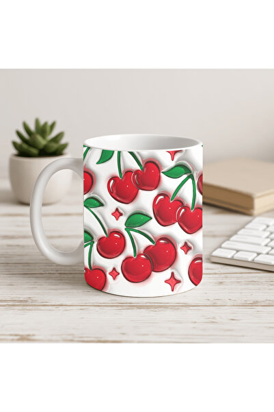 Solid Baskı Stüdyosu Porselen Kupa Bardak - Kiraz Figürlü Neşeli Tasarım - He...