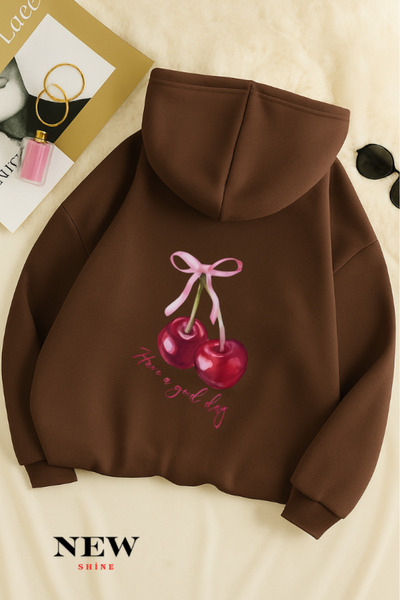 New Shine سويت شيرت للأطفال بغطاء للرأس مطبوع عليه الكرز