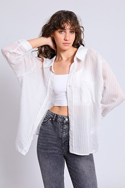 MATTİ MODA Kadın Düşük Omuzlu Çizgili Gömlek