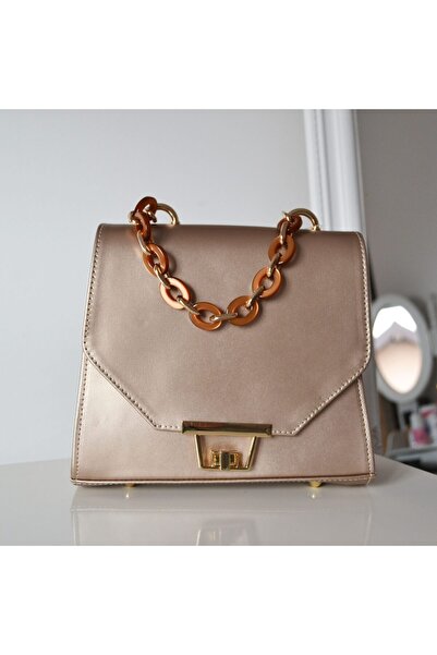Zea Geanta Mini Chain Bej Metalizat Piele Naturala