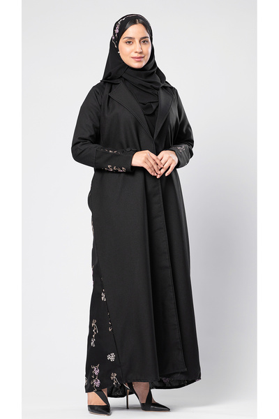 outline Black abaya with pink rose embroidery