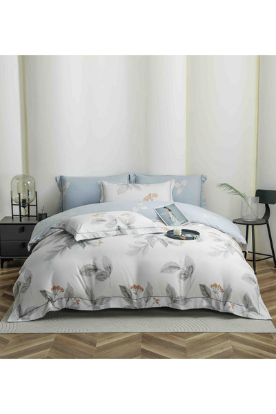 FIONNA.RO Lenjerie Din Bumbac Tip Finet PREMIUM Luxury Cu Elastic - Frunze Gri