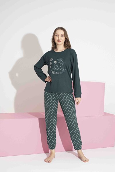 AYGEBU Tarık Дамски комплект за майка и дъщеря със зелен елен мотив Термо зимни топли меки пижами