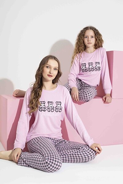 AYGEBU Tarık Дамски розов комплект пижами с мечешки мотив за майка и дъщеря, подходящ за зимата, топъл и мек