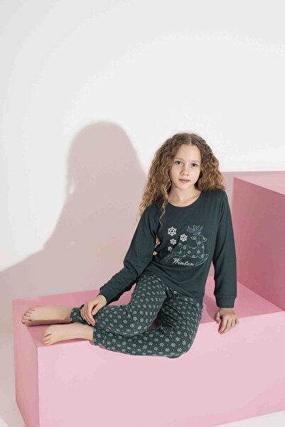 AYGEBU Tarık Дамски комплект за майка и дъщеря със зелен елен мотив Термо зимни топли меки пижами