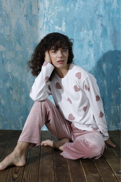 Mihra Set de pijamale de iarnă pentru femei, cu decolteu rotund, oversize, cu umăr dezactivat, din bumbac interlock, cu fund din catifea