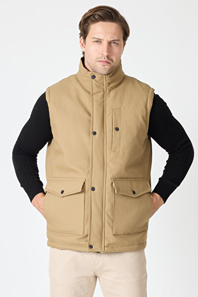 STONCS Men's Beige Stand Collar Cotton Vest