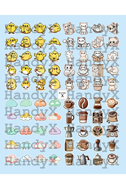 HandyX 80’li Tatlı Sticker Seti 🎉 Bulut + Kedi + Civciv + Kahve Temalı – Defter, Laptop, Telefon İçin
