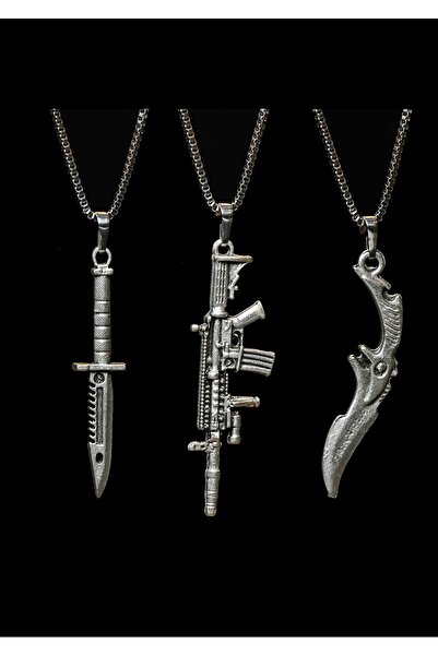renery 3 lü Set Antik Gümüş Kaplama Erkek Tarz Pubg Bıçak Tüfek Tarz Kolye