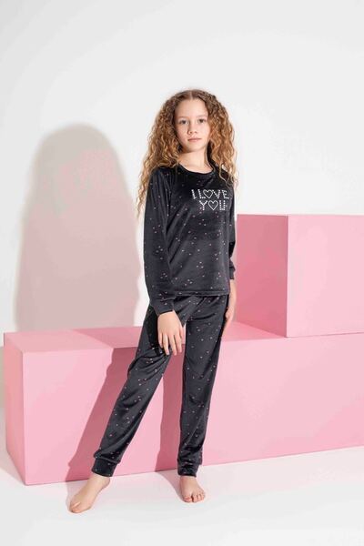 Tarık Girl Teenager and Children Heart Pattern Long Sleeve French Velvet Fabric Winter Warm Pajamas Set