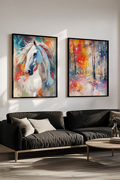 STARYUNA Oil Painting Effect White Horse Autumn Forest Double Black Framed Painting Set Yuna411