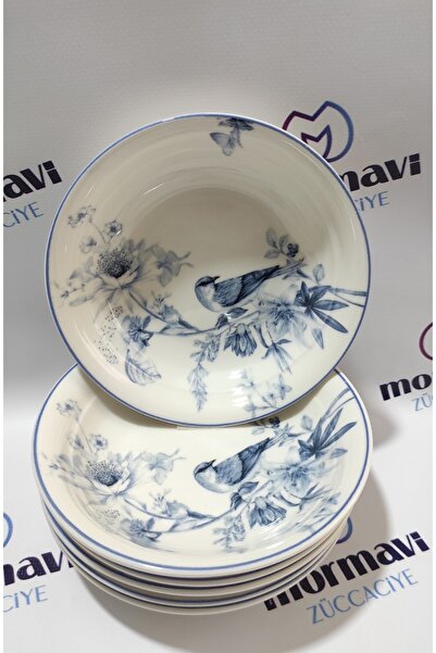 Güral Porcelain Bird 6 Pieces 17 cm Small Deep Dish Plate (1 Piece Napoli Knife as a Gift)