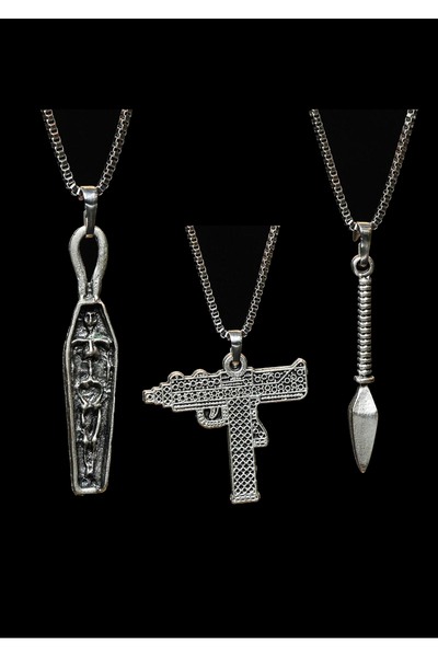 renery 3 lü Set Antik Gümüş Kaplama Erkek Tarz Pubg Tabut Uzi Mızrak Kolye
