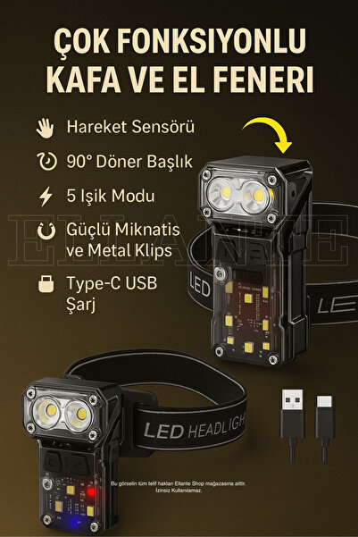 ellante Çok Fonksiyonlu LED Kafa ve El Feneri – Hareket Sensörlü, 90° Döner Başlık ve Güçlü Manyetik Taban