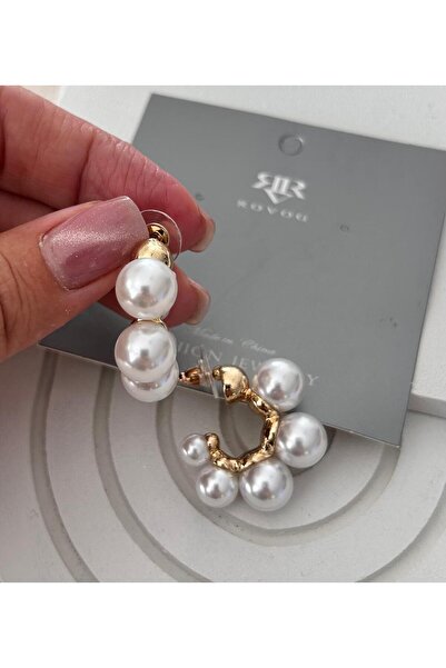 julee.co İncili Görünümlü Yuvarlak Gold Küpe(3x2,5cm)