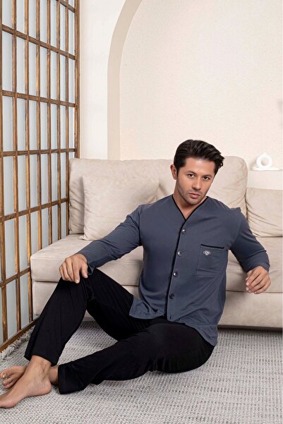 bie's Чоловічий сірий V-подібний комір, ґудзики, кишені на грудях, 100% бавовна, довгі рукави, піжама-комбінезон, піжама для літніх людей, піжама для лікарні