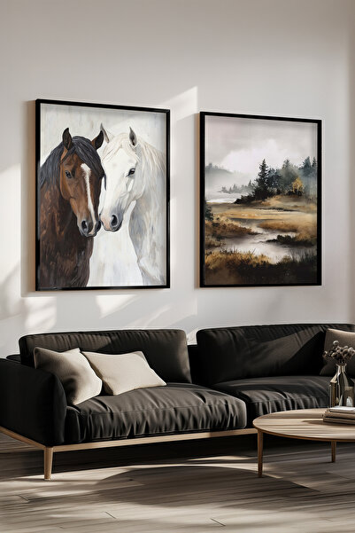 STARYUNA Black Wooden Framed Horse Oil Painting Effect Landscape Double Painting Set Yuna409