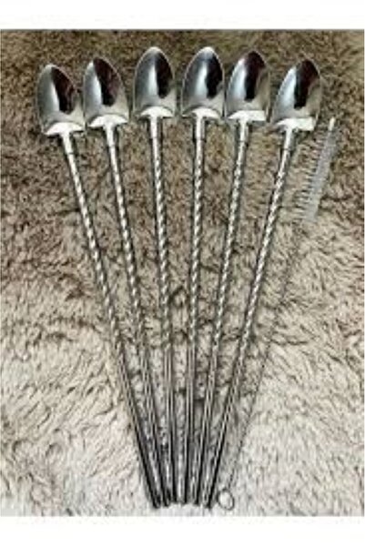 sui home Set of 6 Stainless Chrome Straw Cocktail Bar Spoons and Cleaning Brush, Cocktail Stirrer, Silver Color