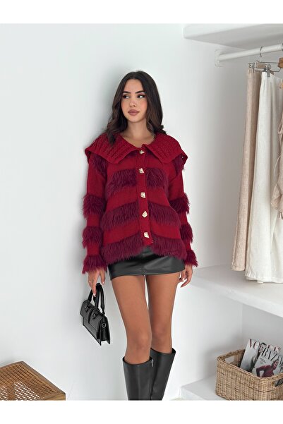 Brantu Wide Collar Buttoned Women's Plush Knitwear Cardigan