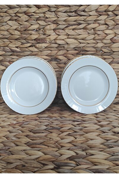 Güral Porcelain Matte Gilt 12 Pieces 16 cm Small Dessert Plate (1 Piece with Napoli Knife as a Gift)