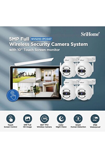 SRIHOME Kit Surveillance WiFi Video 4 Cameras SriHome™ NVS010 Plus, 5MP 2K+ Each Camera