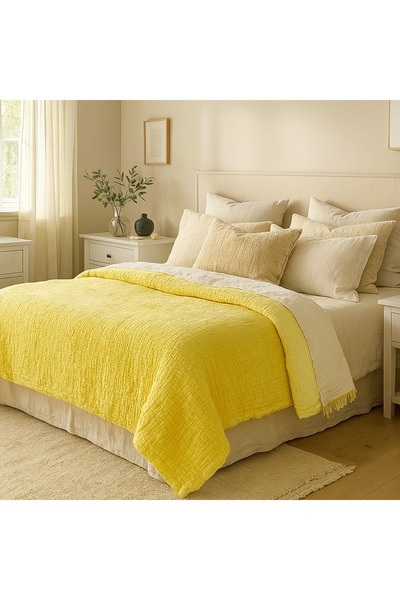 Tasarım HB&Victory Müslin Tek Kişilik 4 Katlı %100 Pamuk Limon Sarısı Renk Yatak Örtüsü 160x230 Cm.