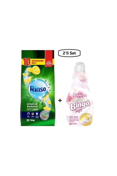 Rinso Limon ve Karbonat Toz Çamaşır Deterjanı 10 Kg+Manolya Çamaşır Yumuşatıcısı 1440 ml-(Set)