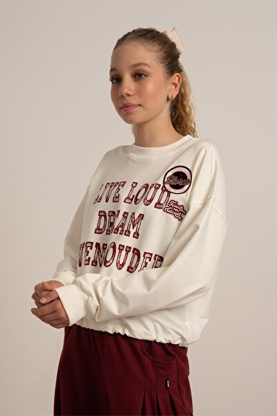 LOCO 09-15 Years Old Girl's 2-Ply Text Printed Sweat - Ecru-Bordo