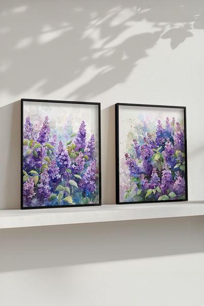 STARYUNA Watercolor Effect Black Wooden Framed Purple Flower Double Painting Set Yuna419