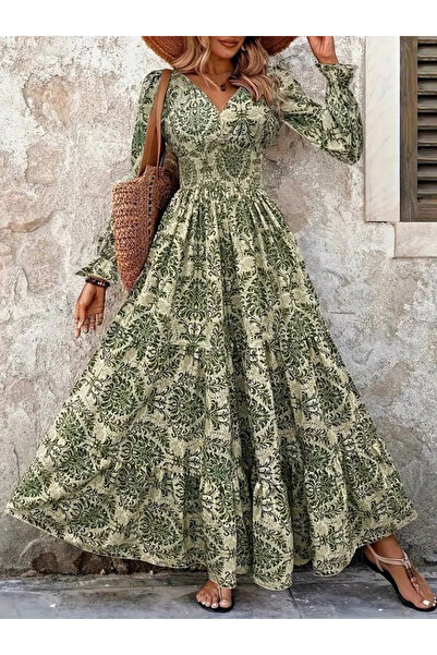 SB COLLECTIONN Women's Uzn Sleeve V-Neck Elastic Waist Single Jersey Maxi Dress