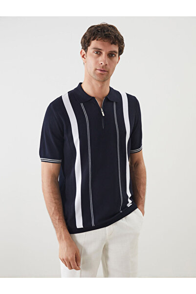 LC Waikiki Navy Blue Polo Neck Striped Men's Textured Knitwear Sweater