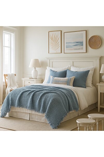 Tasarım HB&Victory Waffle 4 Katlı %100 Pamuk Premium Yatak Örtüsü Deniz Mavisi Çift Kişilik 230x240 cm