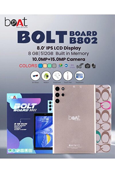 BOAT BOLT BOARD B802 Tablet – 8" IPS Display, 8GB+512GB, Android, Dual Camera, 5G, Stylus, Keyboard