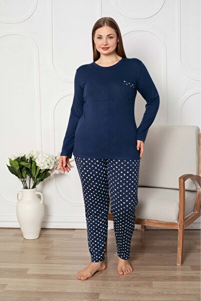 GUAVA+ Women's Large Plus Size Crew Neck Buttonless Seasonal Viscose Long Sleeve Pajama Set with Pockets