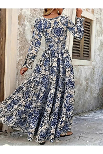 JANES Rochie de damă cu mâneci lungi, cu decolteu în V, cu talie elastică