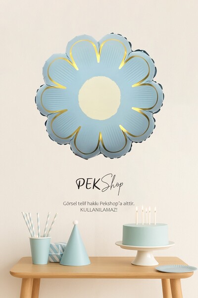 PEKSHOP Blue Flower Shaped Foil Balloon with Gold Detail