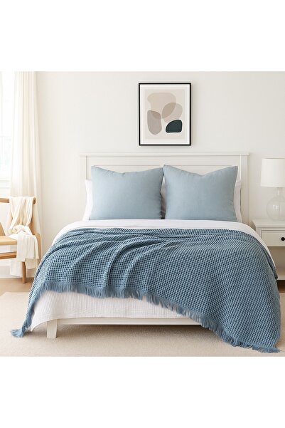 Tasarım HB&Victory Waffle 4 Katlı %100 Pamuk Premium Yatak Örtüsü Deniz Mavisi Çift Kişilik 230x240 cm