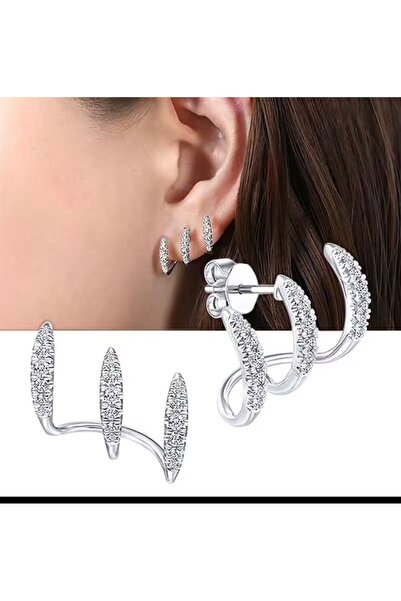 AychaAksesuar Steel Vip Zircon Stone Single Hole Three-Piece Appearance Silver Color Stone Earrings