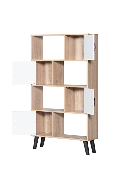 BAITY Malaysian Wood Bookshelf with 4 Shelves and Drawers in Wooden and White Color