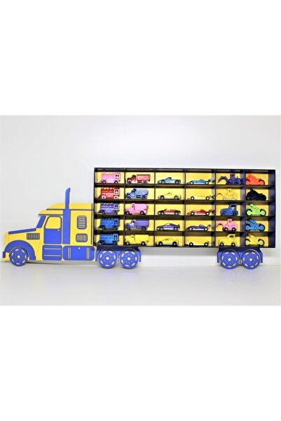 OMZ Eğitici Oyuncaklar Ahşap Dekoratif Tır Araba Rafı (sarı&lacivert) - 30 Ad...