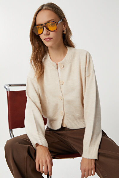 Lovelyİstanbul Düğmeli Yün Efektli Triko Hırka LBP0028 KREM