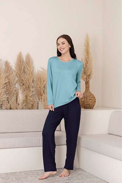 bie's Kadın Mavi Bisiklet Yaka Düğmesiz Viskon Mevsimlik Uzun Kol Cepli Pijama Takımı