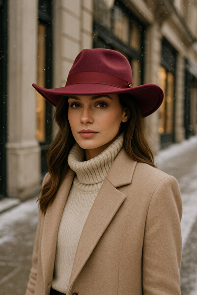 Luminos Butik Women's Burgundy Curved Brim Cowboy Cashmere Panama Hat Spk1149