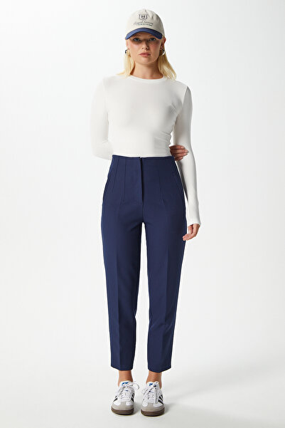 Ritnice Women's Jeremy Tok Textured Ribbed Navy Blue Carrot Pants 5113