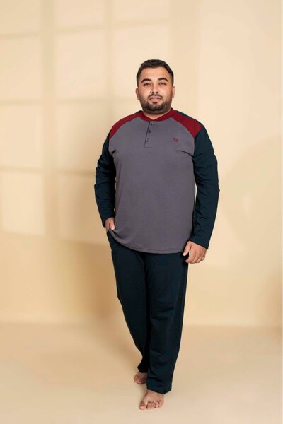 GUAVA+ Men's Large Plus Size Patterned 3 Button 100% Cotton Seasonal Long Sleeve Pajama Set with Pockets