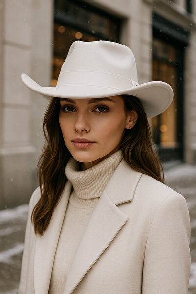 Luminos Butik Women's White Curved Brim Cowboy Cashmere Panama Hat Spk1149